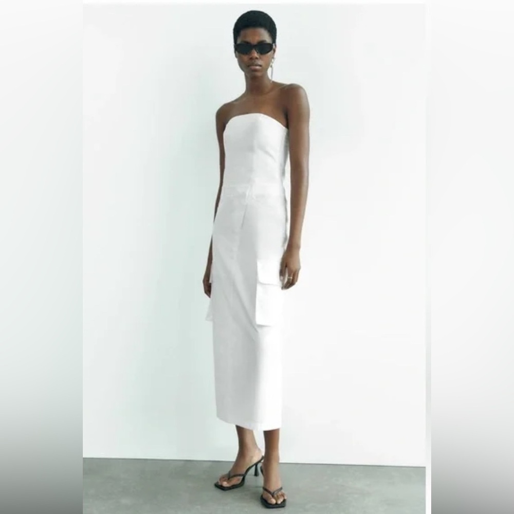Zara White Cotton Strapless Cargo Dress